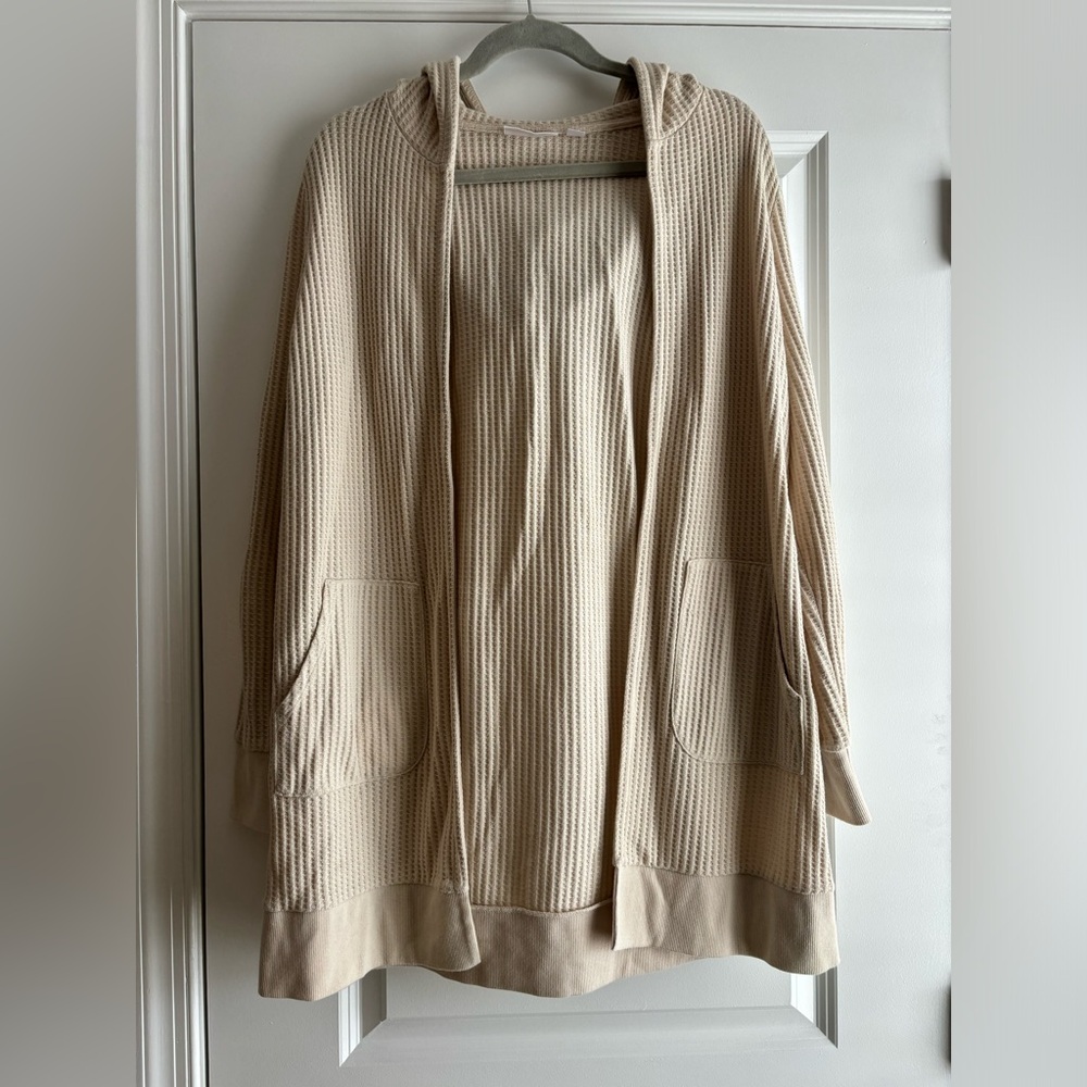 Belle by Kim Gravel Waffle Open Front Cardigan with Hood